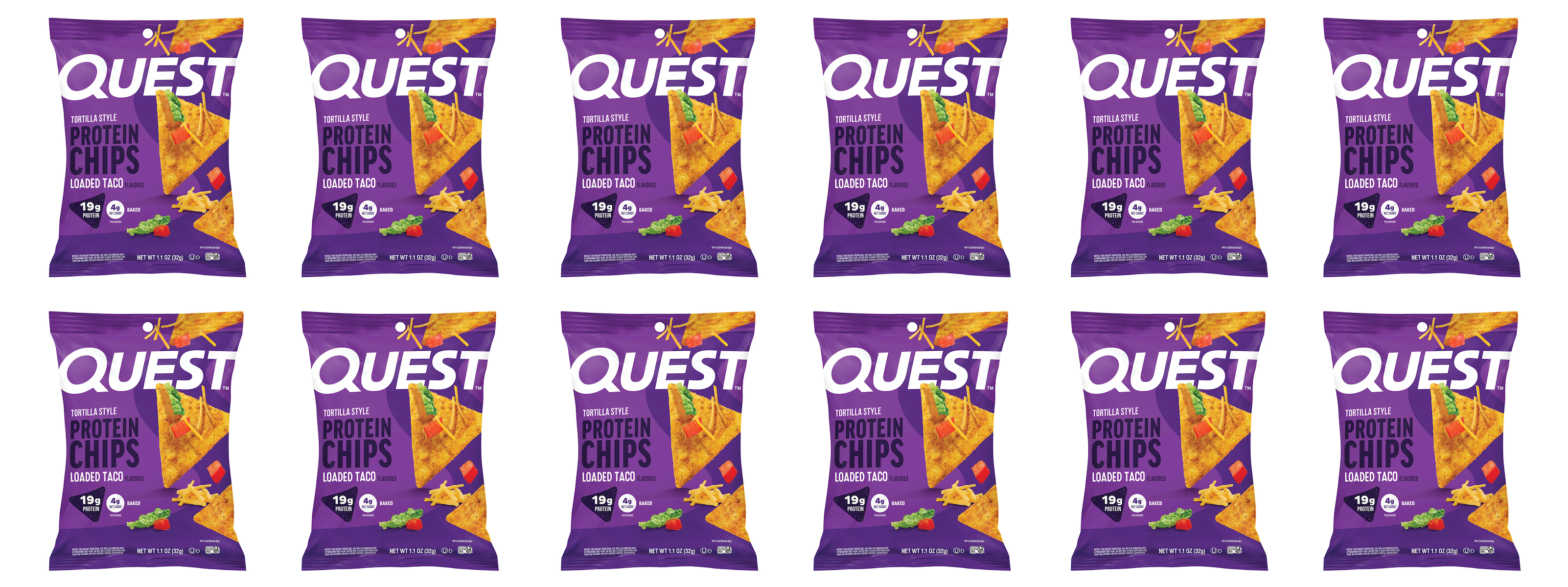A grid of twelve purple bags of Quest Loaded Taco Tortilla Style Protein Chips, each displaying the product name, nutritional information, and colorful taco ingredients on the packaging.
