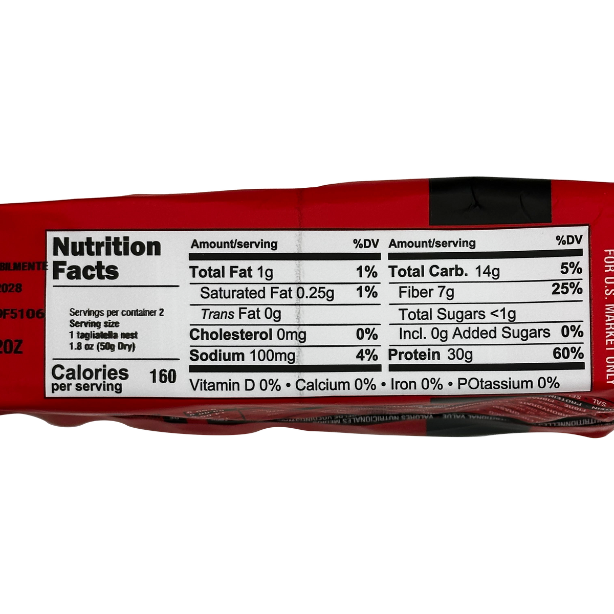 A nutrition facts label on a red packaging, detailing serving size, calories, and nutrient content including fats, carbohydrates, fiber, sugars, and protein.