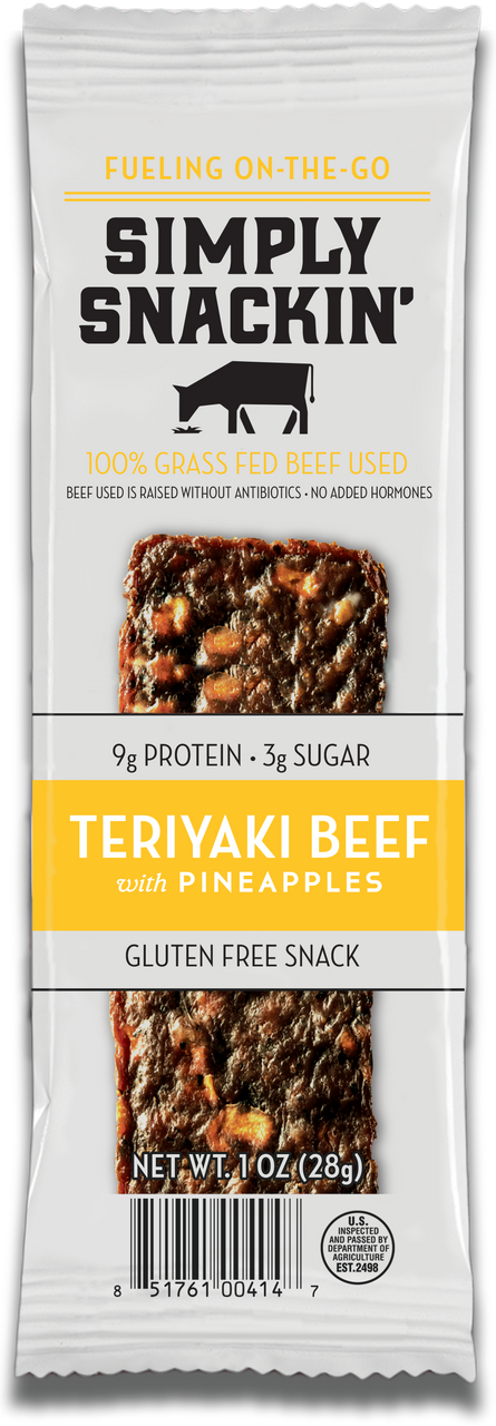 A packaged snack featuring a teriyaki beef jerky bar with pineapples, labeled "Simply Snackin'," highlighting its gluten-free status and 9g of protein per serving.