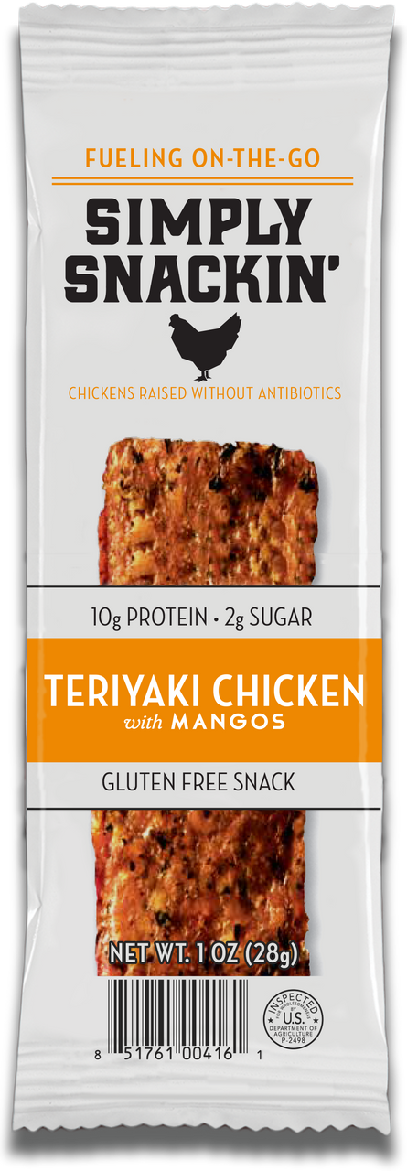 A packaged snack bar labeled "Simply Snackin' Teriyaki Chicken with Mangos," featuring a photo of the bar, highlighting its protein content and gluten-free status.
