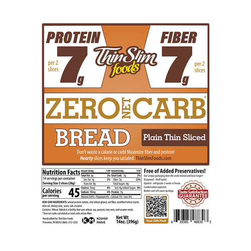 A packaging label for Thin Slim Foods Zero Net Carb Bread, featuring nutritional information highlighting 7g protein and 7g fiber per two slices, with a plain thin sliced design and a guarantee statement.