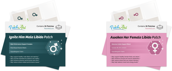 Two product packages for libido patches are displayed side by side; the left package is teal labeled "Ignite Him Male Libido Patch" and the right is pink labeled "Awaken Her Female Libido Patch," both containing 30 patches.
