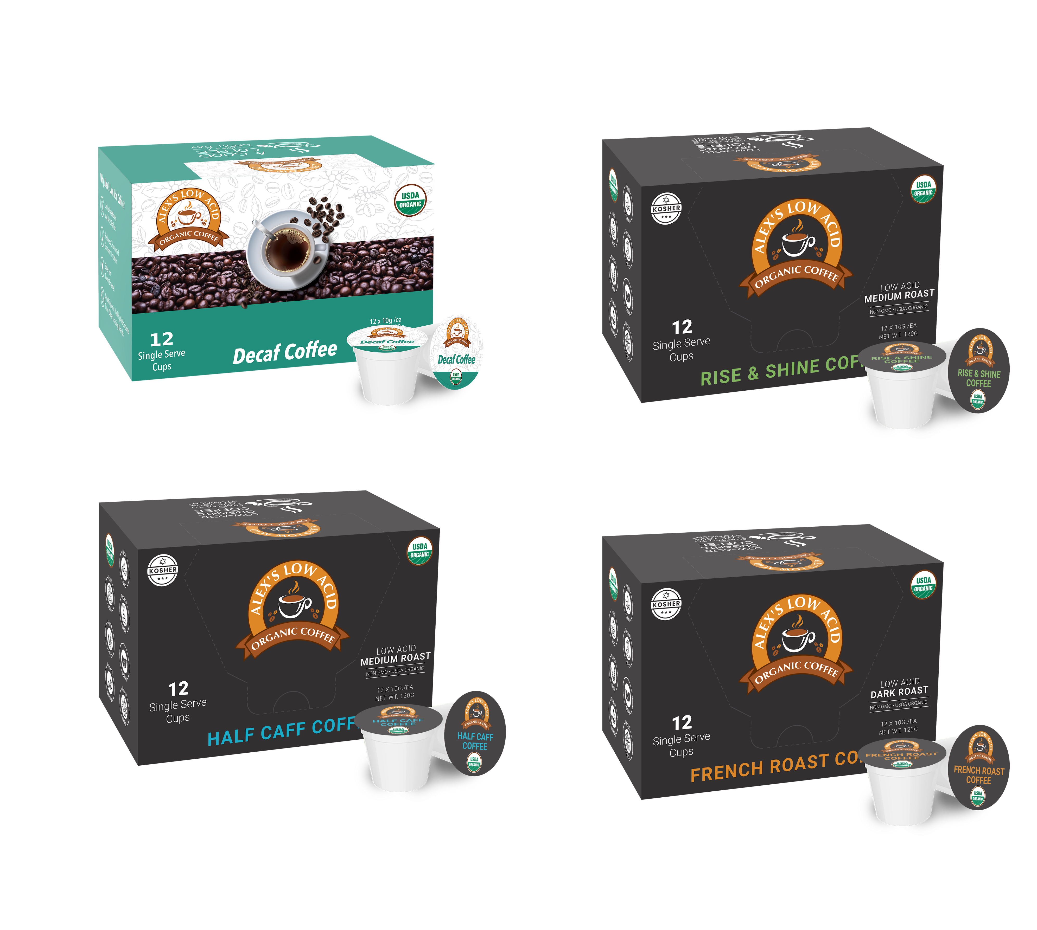 Four boxes of single-serve organic coffee pods are displayed, featuring Decaf, Rise & Shine, Half Caff, and French Roast varieties, each labeled with their respective names and USDA organic certification.