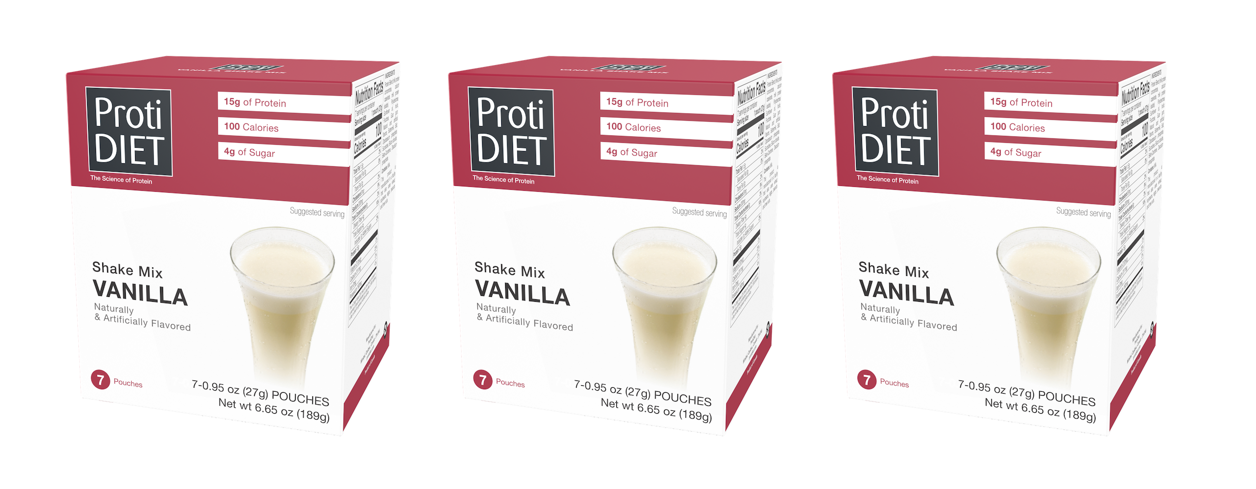 Three boxes of ProtiDIET Vanilla Shake Mix are displayed, each featuring a glass of creamy shake, with labels highlighting 15g of protein, 100 calories, and 4g of sugar per serving.