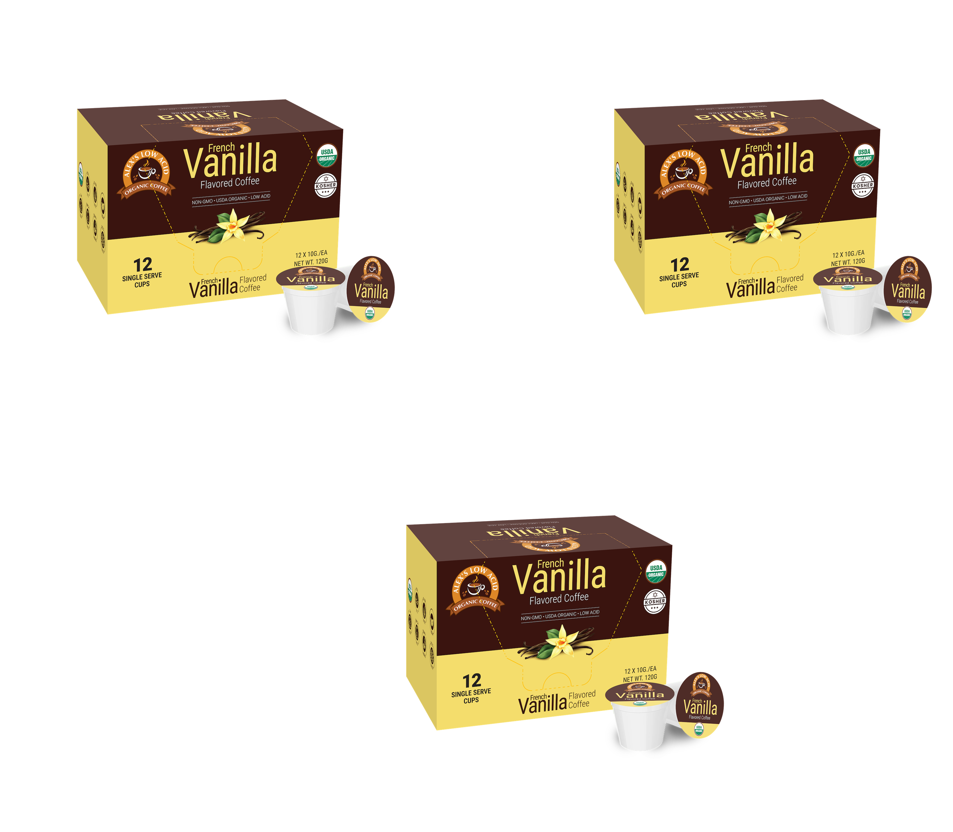 Three boxes of French Vanilla flavored coffee are displayed, each containing 12 single-serve cups, featuring a brown and yellow design with a vanilla flower graphic.