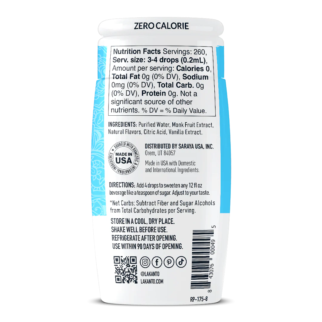 A product label for a zero-calorie sweetener, featuring nutrition facts, ingredients, and directions for use, with a blue and white design, and a QR code for additional information.