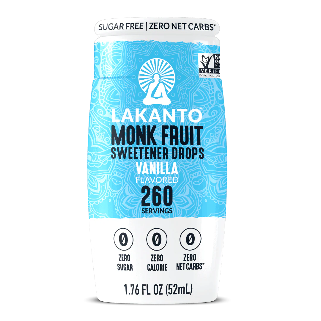 A bottle of Lakanto Monk Fruit Sweetener Drops in vanilla flavor, featuring a bright blue design, highlights its sugar-free, zero-calorie, and zero-net-carb benefits, with a capacity of 1.76 fluid ounces.