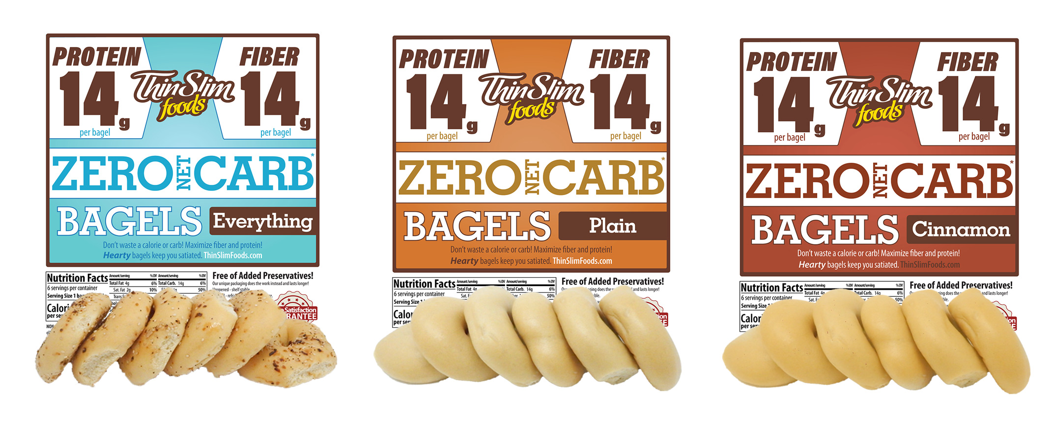 Three boxes of ThinSlim Foods Zero Net Carb Bagels in Everything, Plain, and Cinnamon flavors, each displaying nutritional information and a group of bagels in front of the packaging.