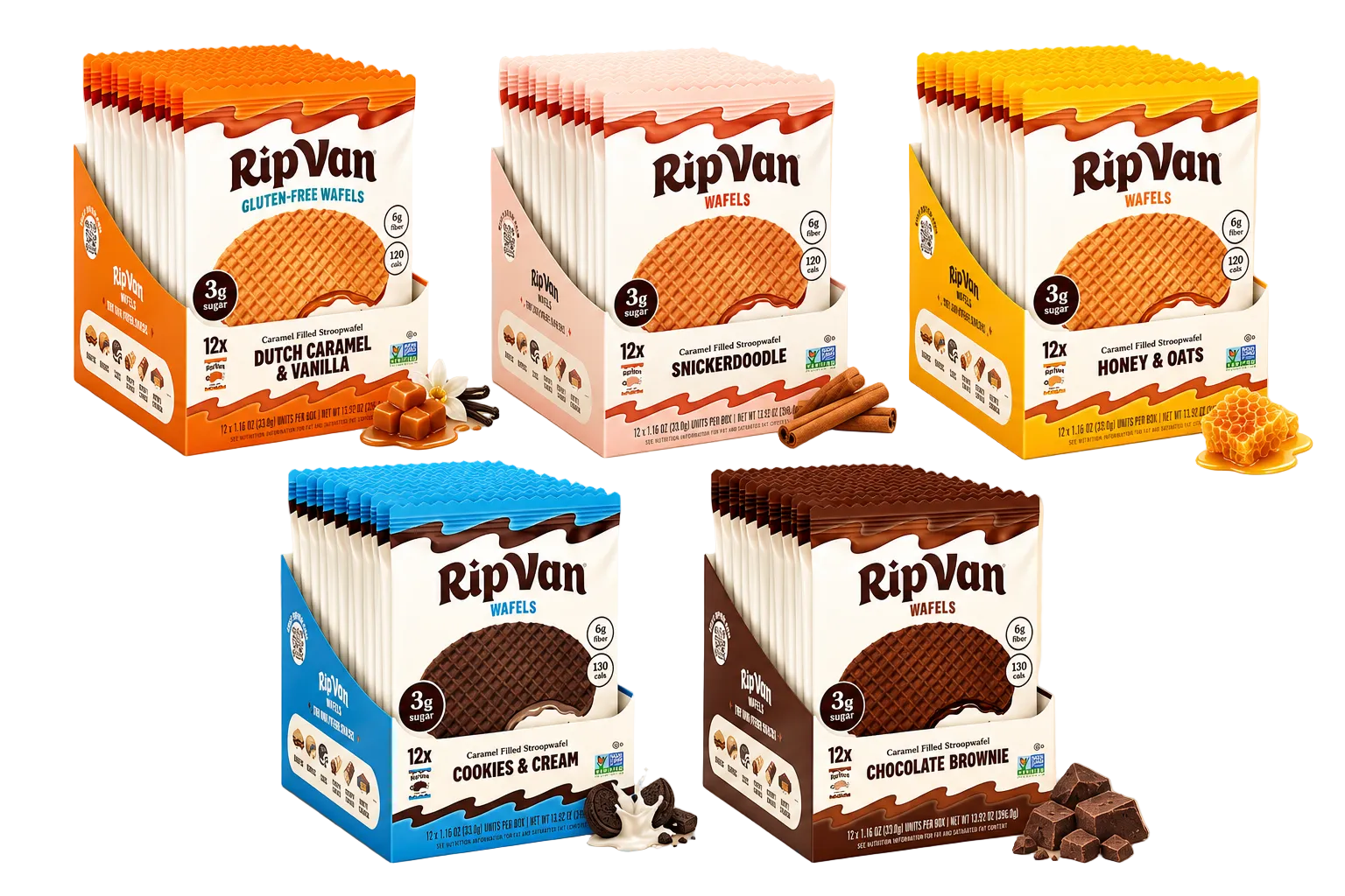 Five boxes of RipVan gluten-free waffles in various flavors—Dutch Caramel & Vanilla, Snickerdoodle, Honey & Oats, Cookies & Cream, and Chocolate Brownie—displayed together against a white background.