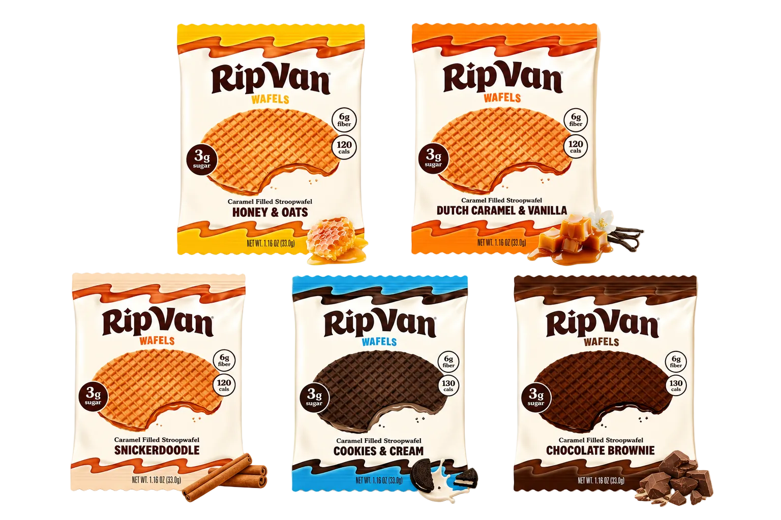 Five packages of RipVan wafels are displayed, featuring flavors: Honey & Oats, Dutch Caramel & Vanilla, Snickerdoodle, Cookies & Cream, and Chocolate Brownie, each highlighting nutritional information.