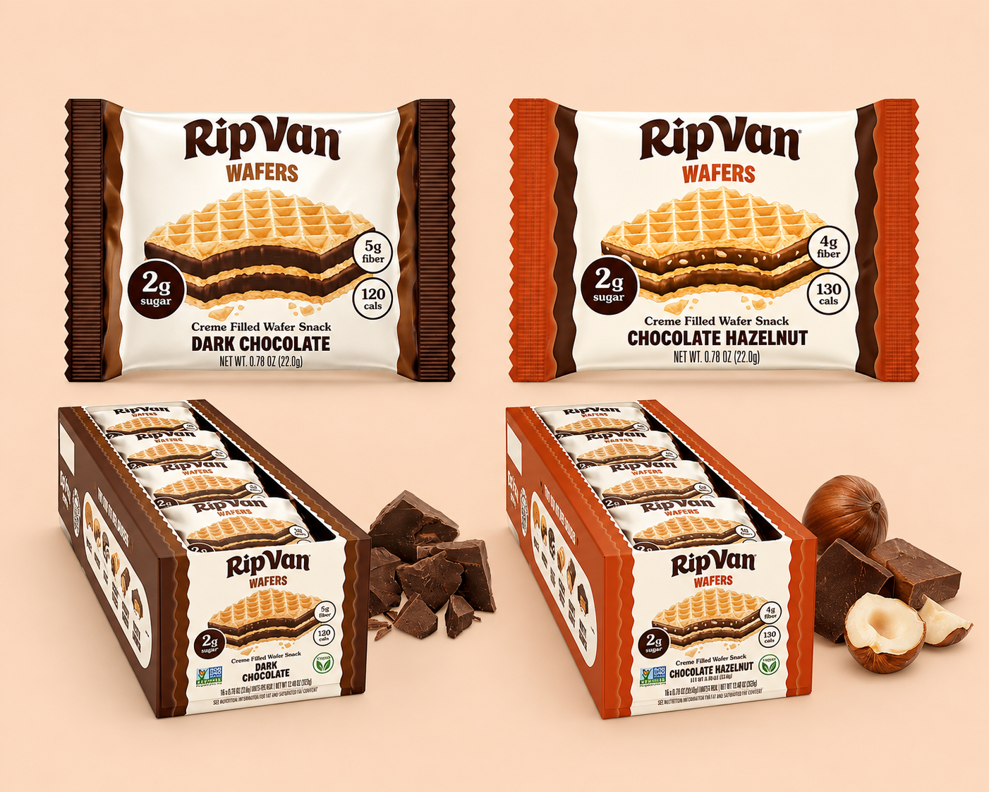 Two flavors of RipVan Wafers, Dark Chocolate and Chocolate Hazelnut, are displayed with their packaging, alongside pieces of chocolate and hazelnuts, set against a light peach background.