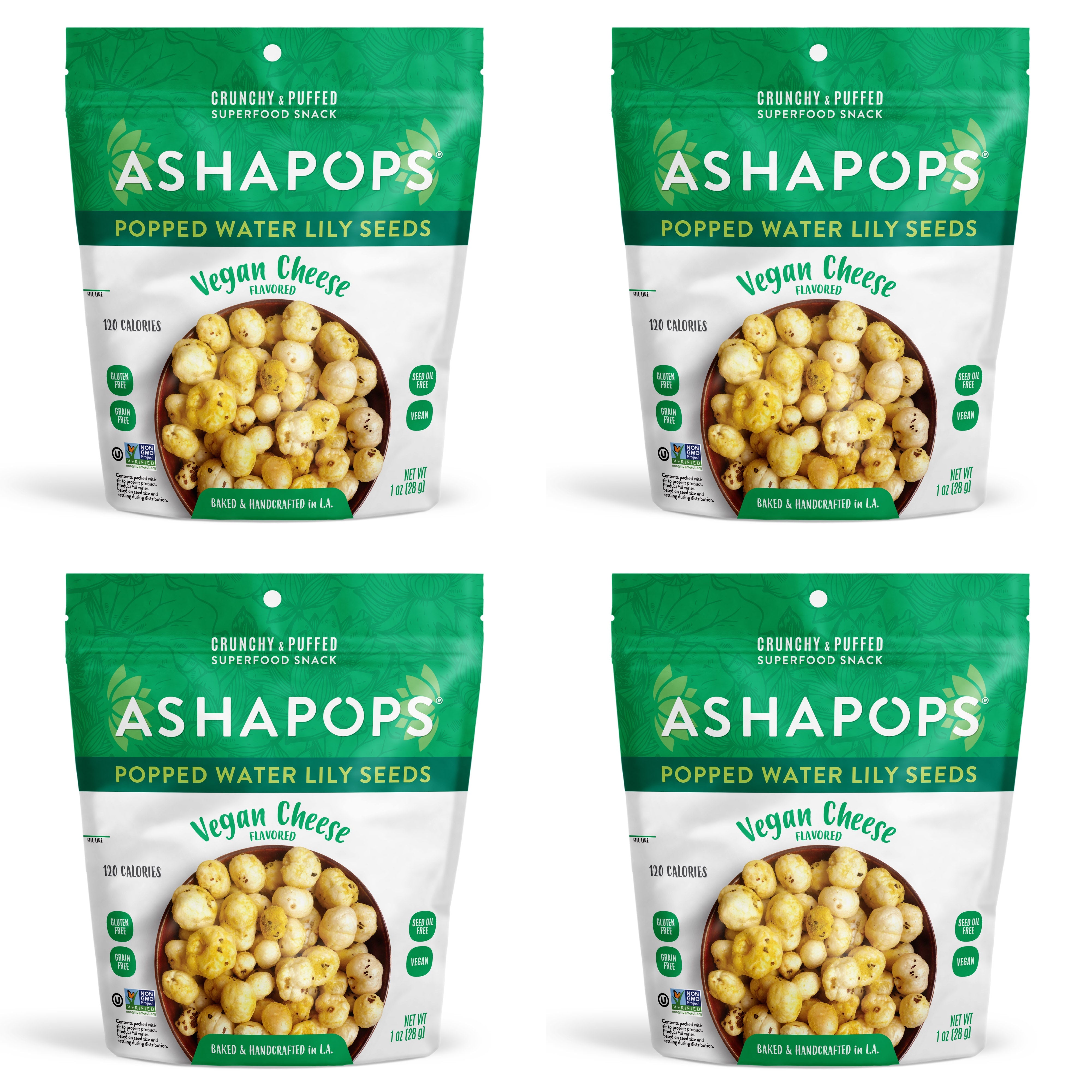 Four bags of ASHAPOPS popped water lily seeds are displayed, each featuring a green design and labeled "Vegan Cheese Flavored," highlighting a crunchy, puffed superfood snack option.