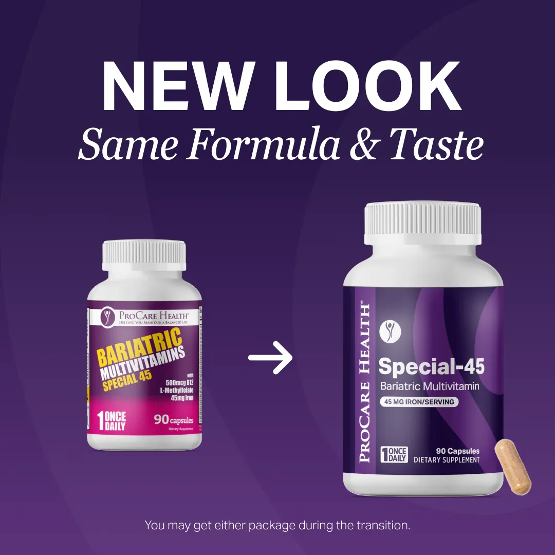 Two bottles of ProCare Health bariatric multivitamins are shown side by side, highlighting a new design for the product while emphasizing that the formula and taste remain unchanged.