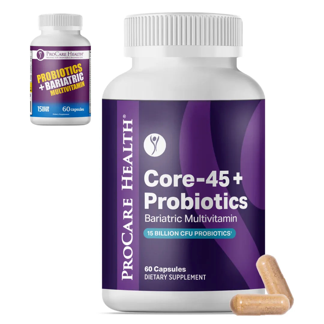 Two bottles of ProCare Health dietary supplements are displayed; the larger bottle labeled "Core-45 + Probiotics" contains 60 capsules, while the smaller bottle is labeled "Probiotics + Bariatric Multivitamin."