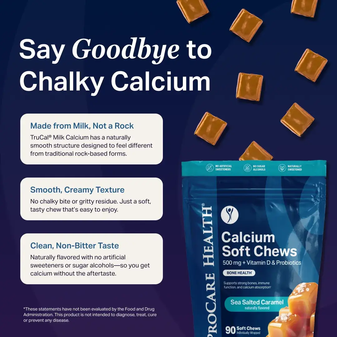 A blue package of Calcium Soft Chews with a sea salted caramel flavor is displayed alongside caramel pieces, highlighting their smooth texture and clean taste for better calcium intake.