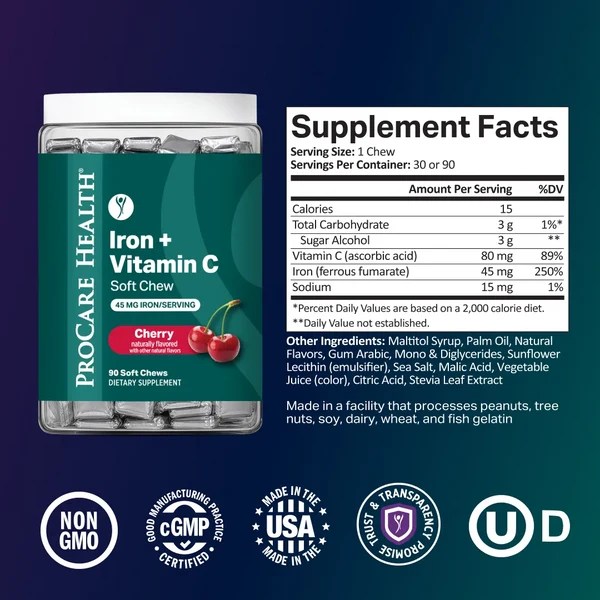 A clear container of Procare Health Iron + Vitamin C soft chews is displayed with a cherry flavor label, alongside a detailed supplement facts panel listing nutritional information and ingredients.