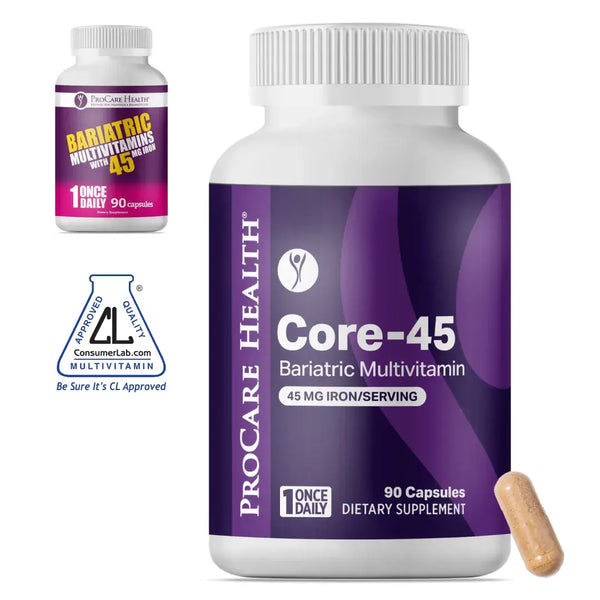 A bottle of ProCare Health Core-45 bariatric multivitamins with 45 mg of iron per serving, featuring a single capsule beside it, and a ConsumerLab approval label in the corner.