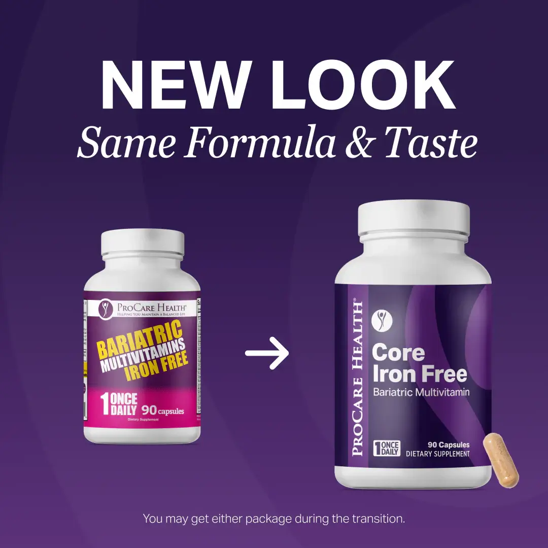 Two bottles of ProCare Health bariatric multivitamins are shown side by side, one with a pink label and the other with a purple label, highlighting a new look while maintaining the same formula and taste.