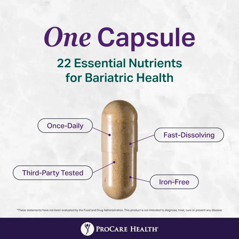A single capsule is shown, labeled with features like "Once-Daily," "Fast-Dissolving," "Third-Party Tested," and "Iron-Free," highlighting its 22 essential nutrients for bariatric health.