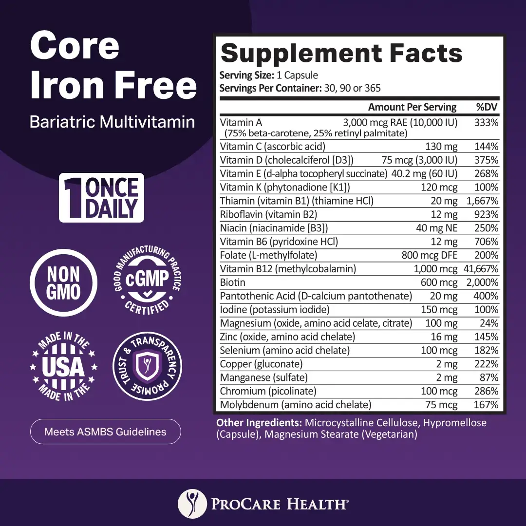 A purple label displays the supplement facts for ProCare Health's Core Iron Free Bariatric Multivitamin, listing vitamins and minerals with their amounts and daily values, emphasizing non-GMO and made in the USA.