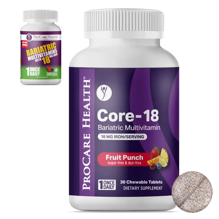 A purple bottle of ProCare Health Core-18 bariatric multivitamins, labeled "Fruit Punch" and "18 mg iron/serving," is shown alongside a smaller bottle of bariatric multivitamins.