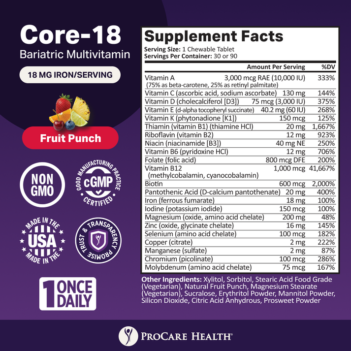 A colorful supplement facts label for Core-18 Bariatric Multivitamin, featuring a fruit punch flavor, lists vitamins, minerals, and serving details, emphasizing non-GMO and made in the USA certifications.