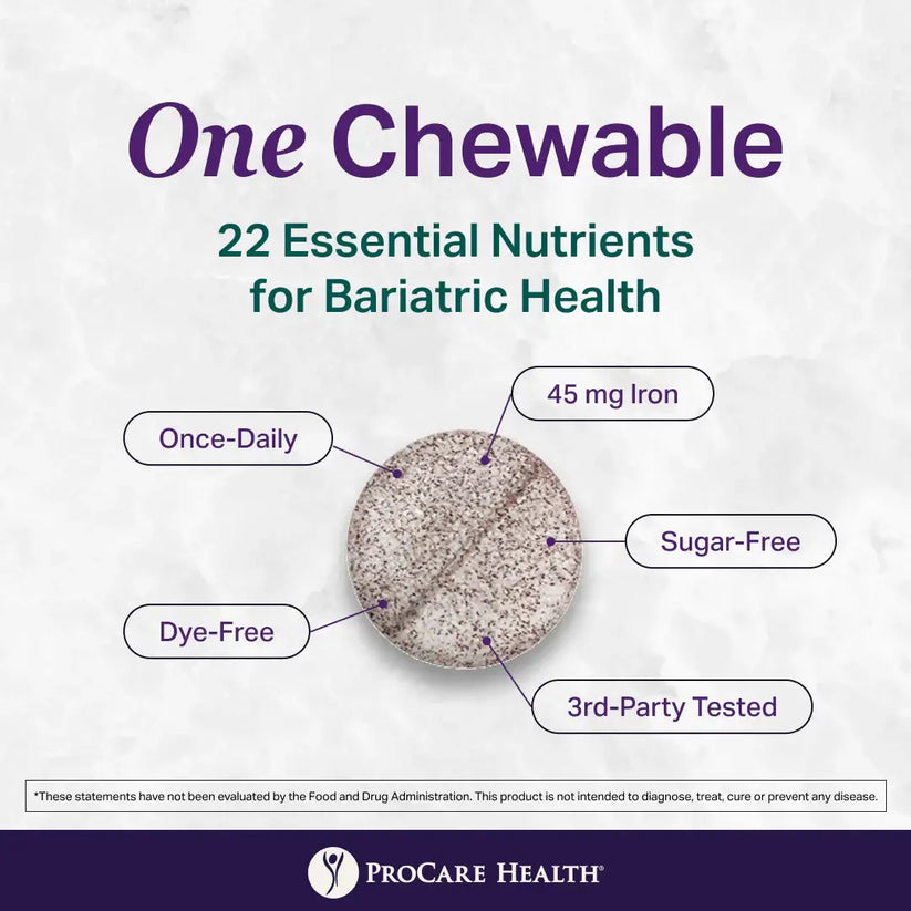 ProCare Health Once Daily Core-45 Chewable Bariatric Multivitamin with 45mg Iron, Fruit Punch Flavor, 30 Tablets