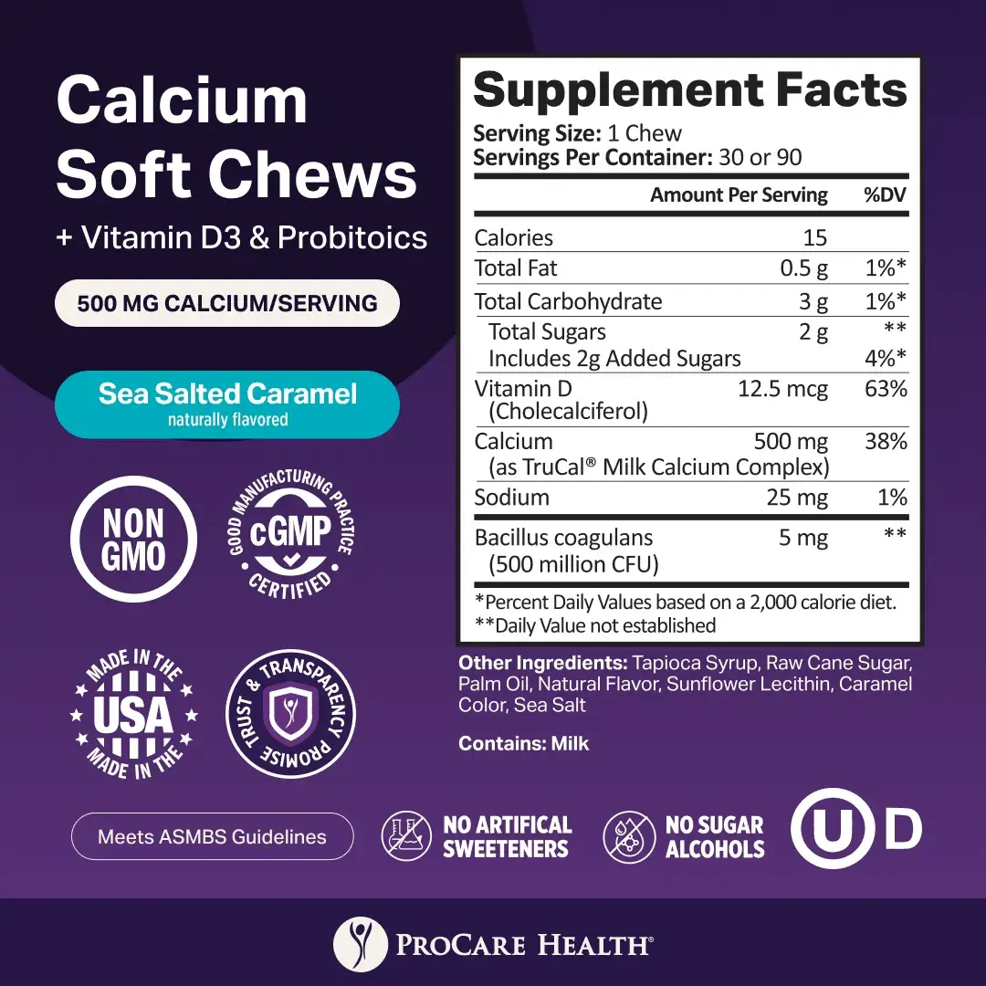 Calcium soft chews in sea salted caramel flavor, featuring a supplement facts panel detailing nutritional information, including calories, vitamins, and ingredients, with certifications for quality and transparency.