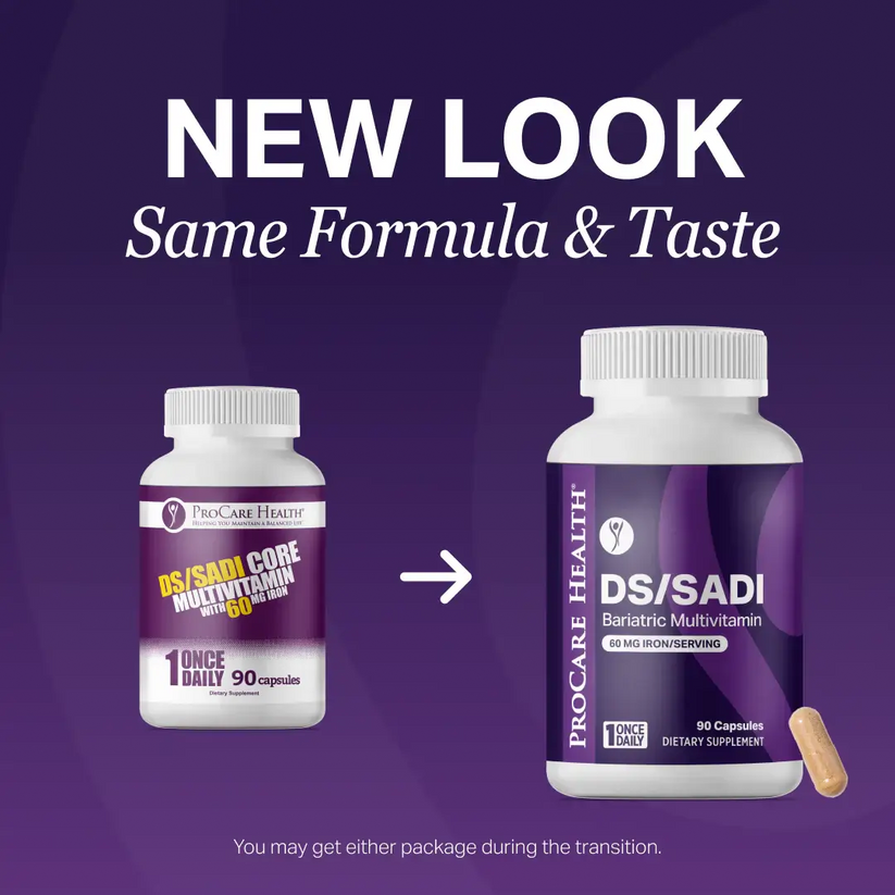 Two bottles of ProCare Health DS/SADI multivitamins are shown side by side, highlighting a new packaging design with the text "NEW LOOK, Same Formula & Taste" above them, indicating a transition period for consumers.