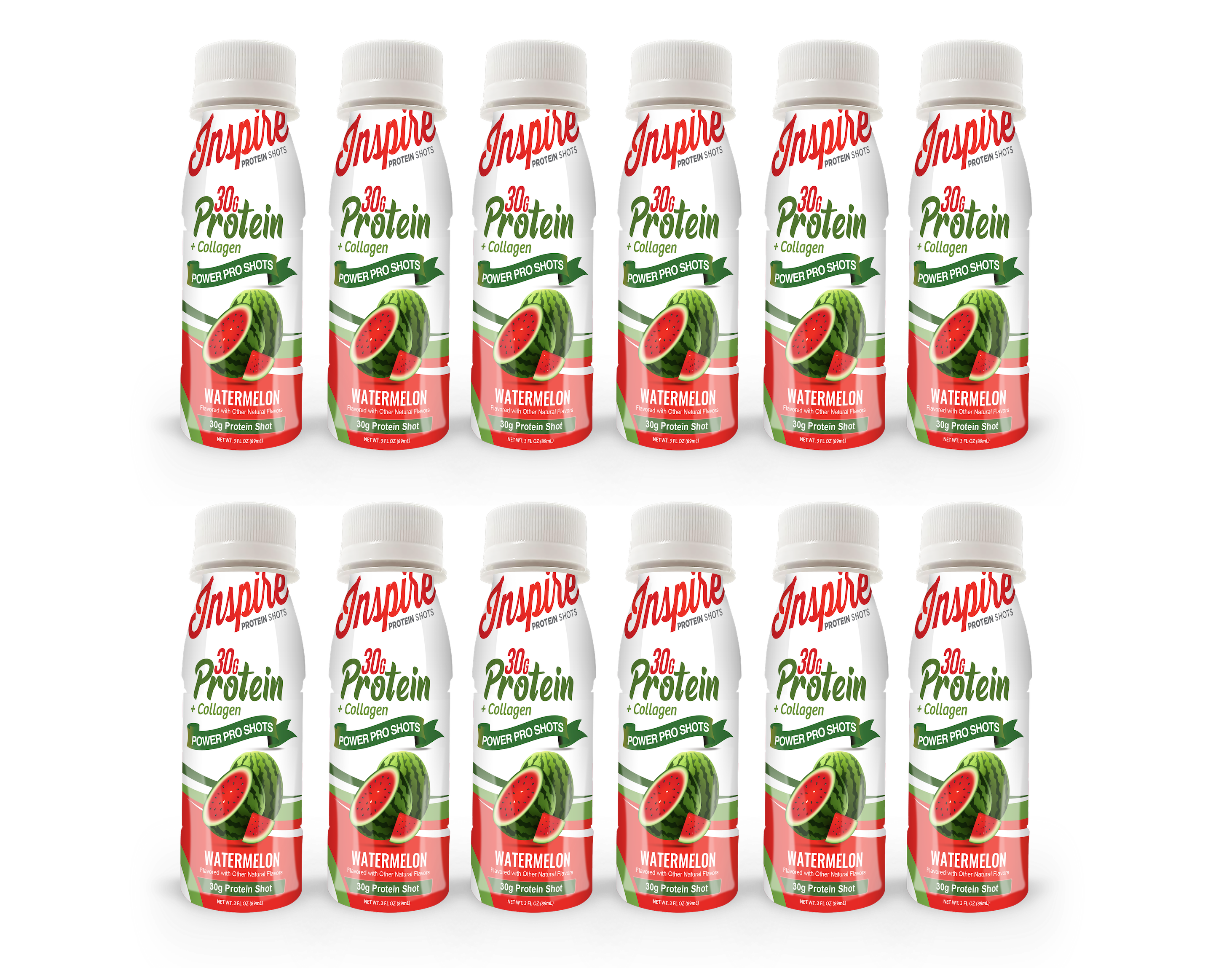 Twelve bottles of Inspire Protein Shots are arranged in two rows, each labeled "30g Protein + Collagen" with a watermelon flavor and featuring images of watermelon slices on the packaging.