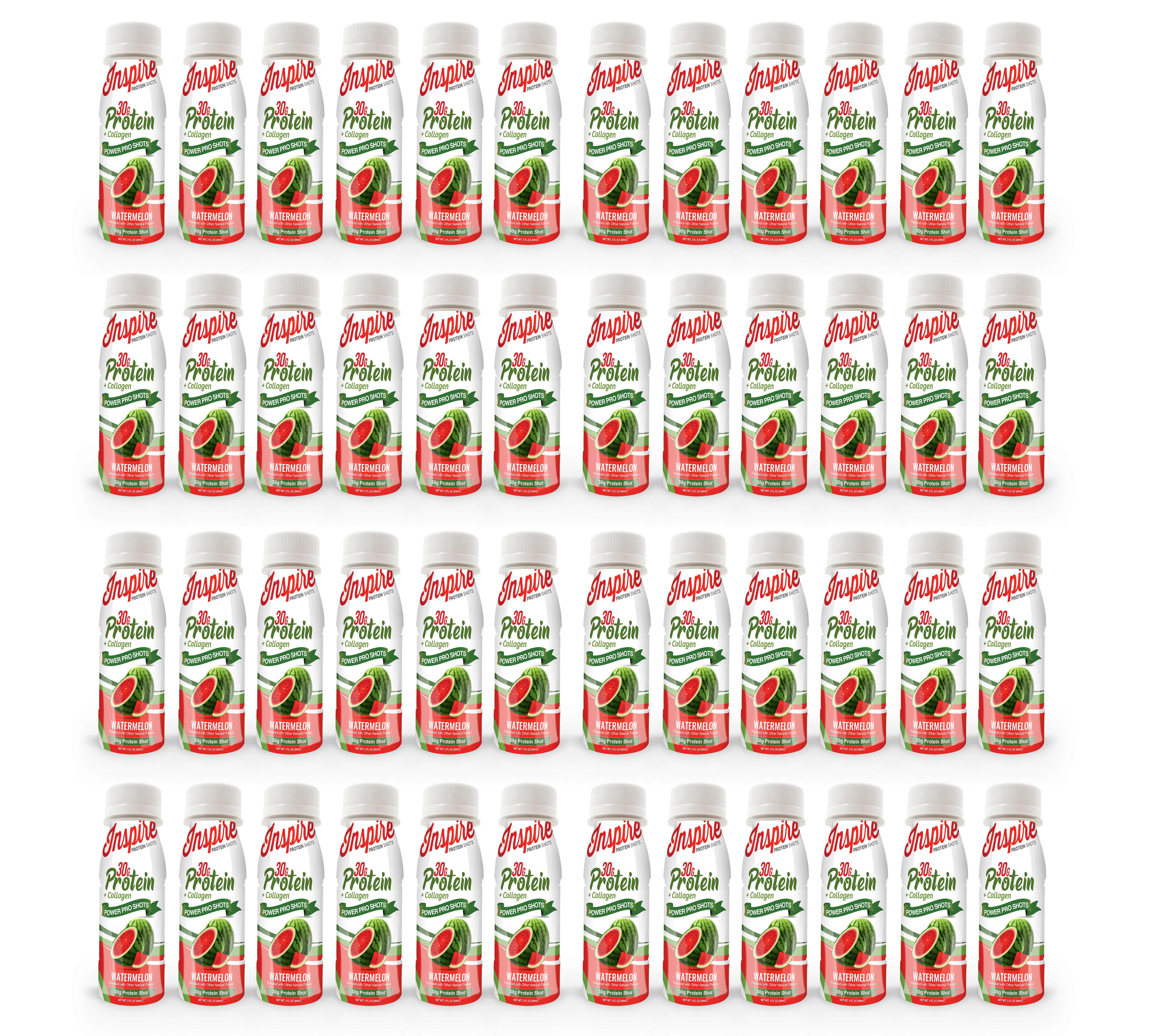 A grid of 48 identical protein drink bottles, featuring a watermelon flavor, with bright red and green labels displaying the brand name "Inspire" prominently.
