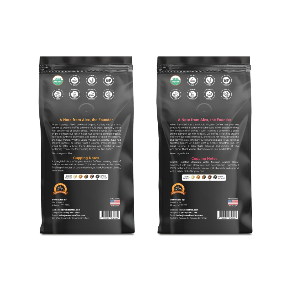 Two sides of a black coffee bag display a note from the founder, Alex, detailing the coffee's low-acid qualities, tasting notes, and certifications, along with distribution information and contact details.
