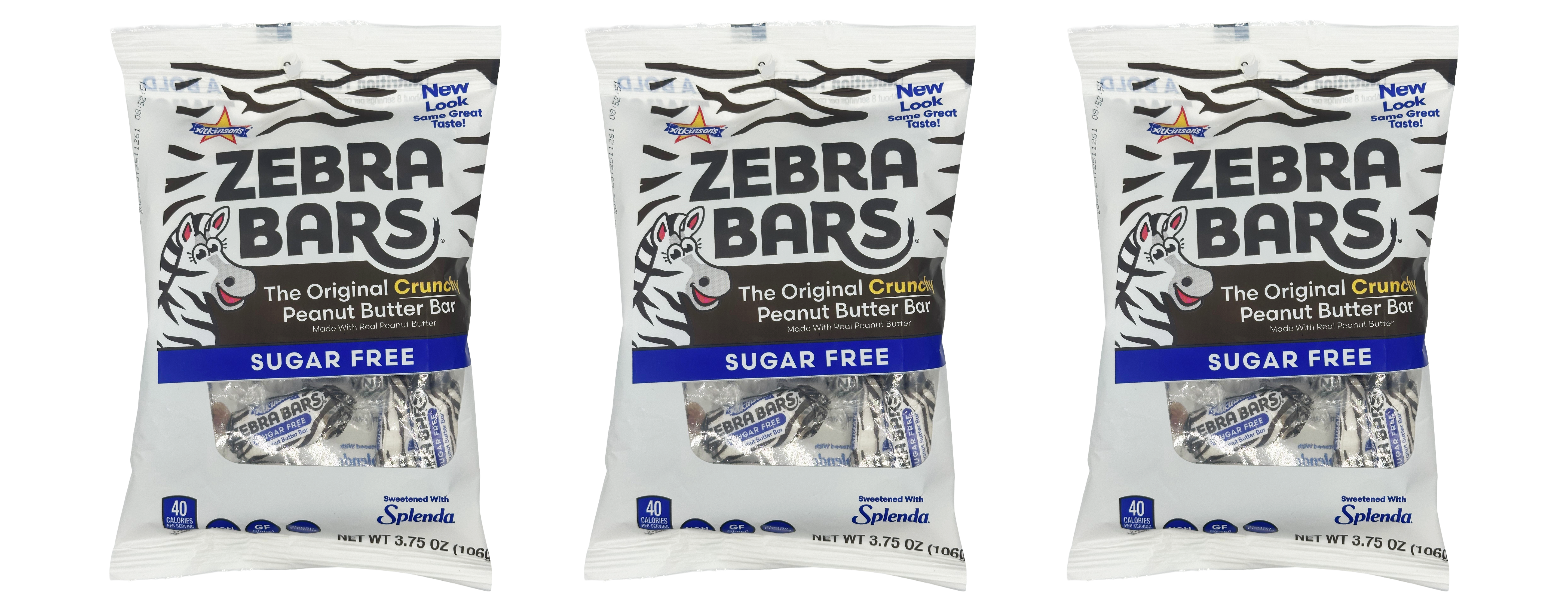 Three packages of Zebra Bars, a sugar-free peanut butter snack, are displayed with a zebra design and text highlighting their crunchy texture and calorie count.