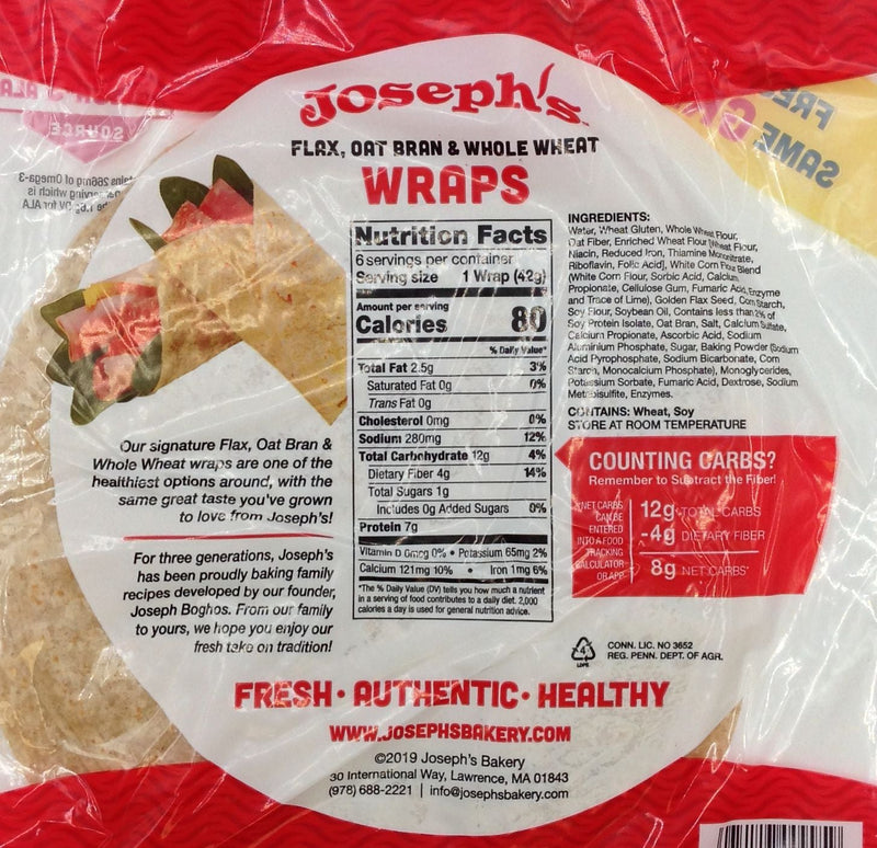 Joseph's Bakery Flax Oat Bran & Whole Wheat Wraps 6 wraps - High-quality Protein by Joseph's Bakery at 