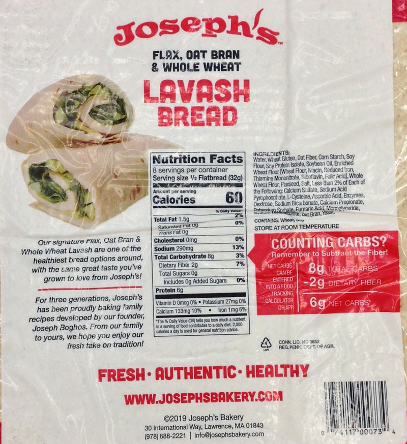 Joseph's Bakery Flax Oat Bran & Whole Wheat Lavash Bread 4 square breads - High-quality Protein by Joseph's Bakery at 