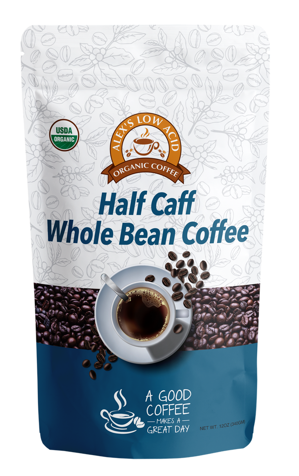 Alex's Low Acid Organic Coffee™ - Half Caff Whole Bean (12oz) - High-quality Coffee by Alex's Low Acid Coffee at 