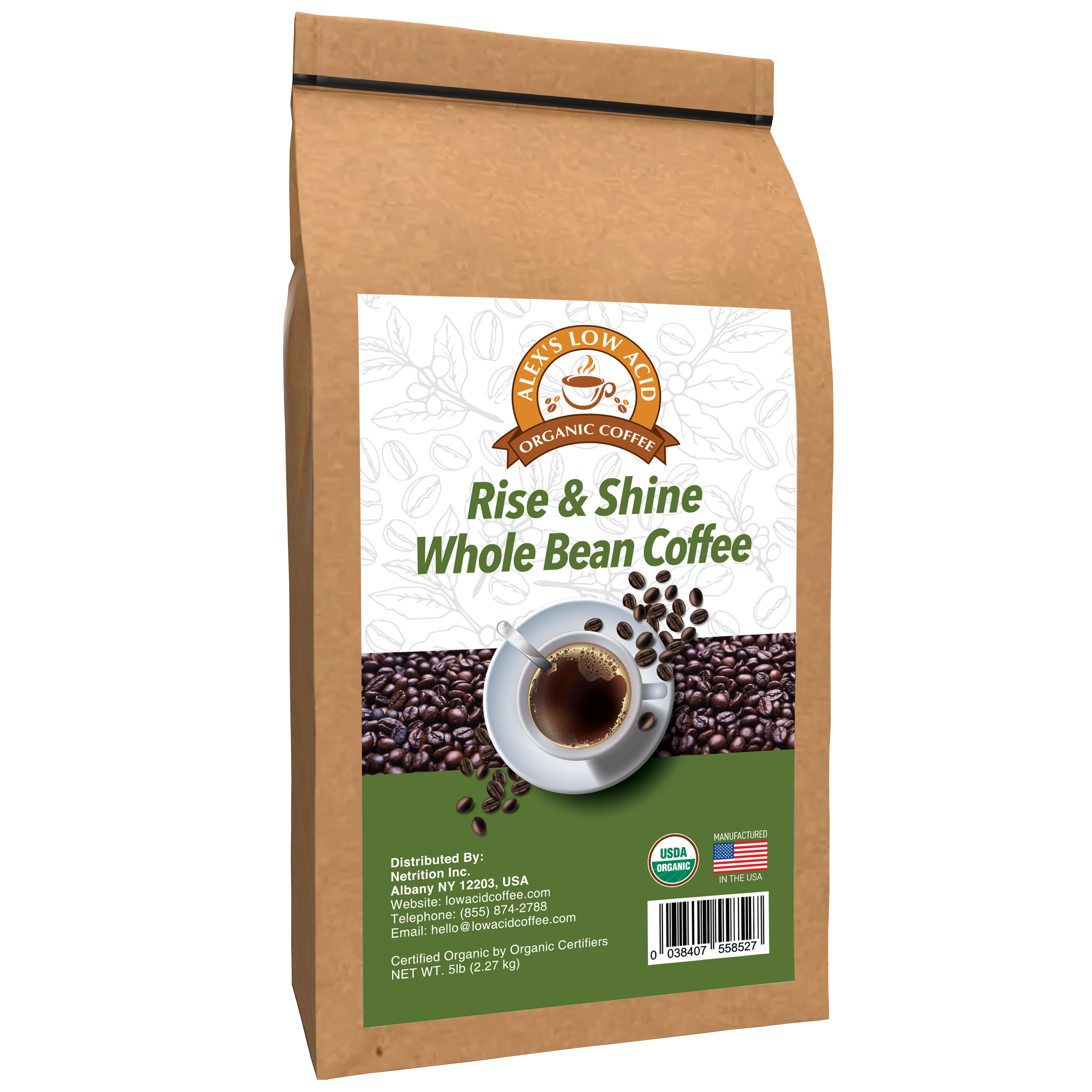 Alex's Low Acid Organic Coffee™ - Rise and Shine Whole Bean (5lbs) - High-quality Coffee by Alex's Low Acid Coffee at 