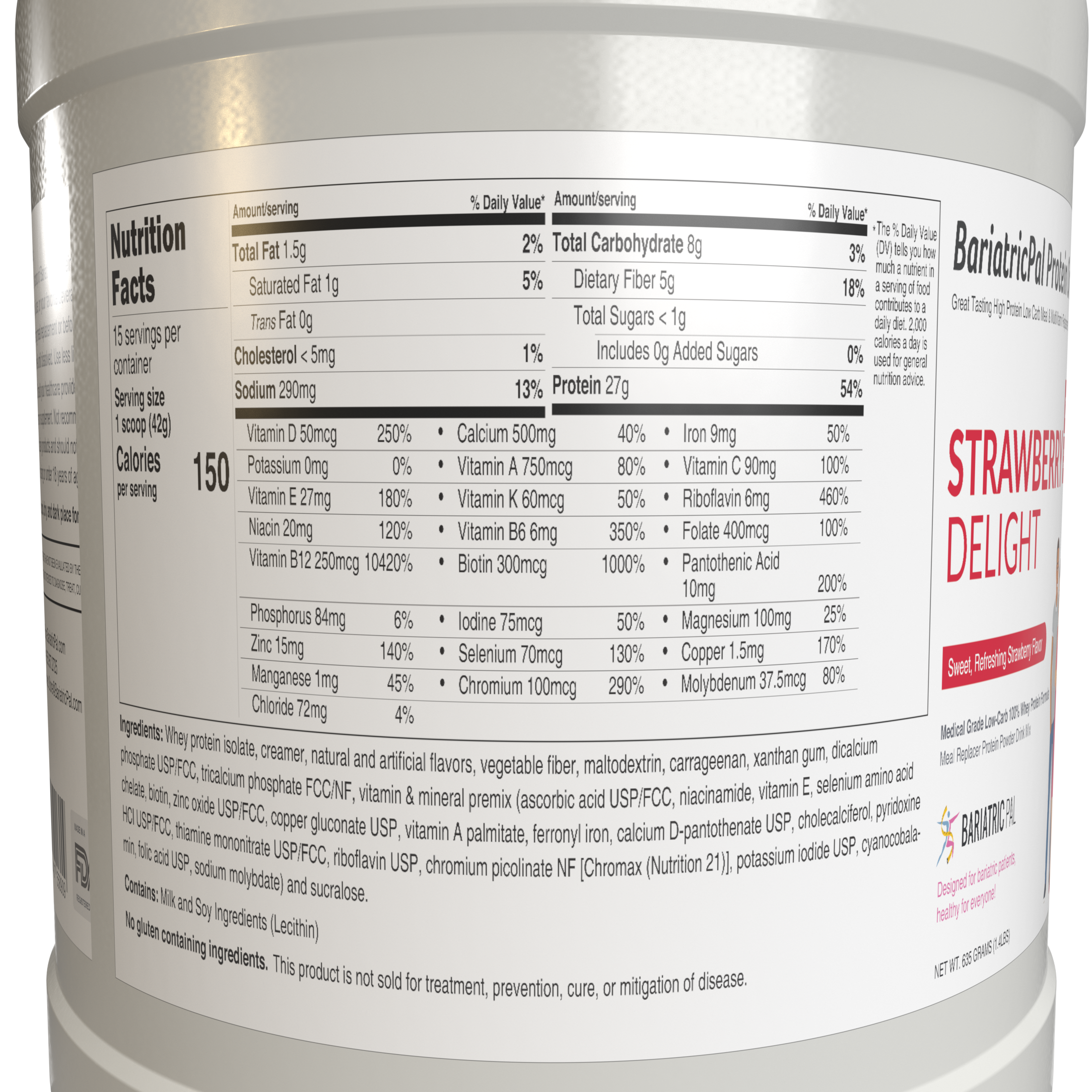 Protein ONE™ Complete Meal Replacement with Multivitamin, Calcium & Iron by BariatricPal - Strawberry Delight (15 Serving Tub) - High-quality Protein Powder Tubs by BariatricPal at 