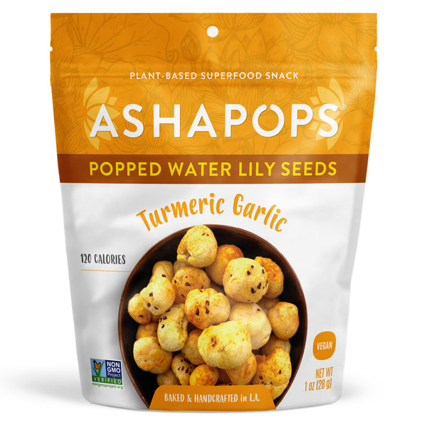 Popped Water Lily Seeds by AshaPops - Turmeric Garlic - High-quality Seed Snacks by AshaPops at 