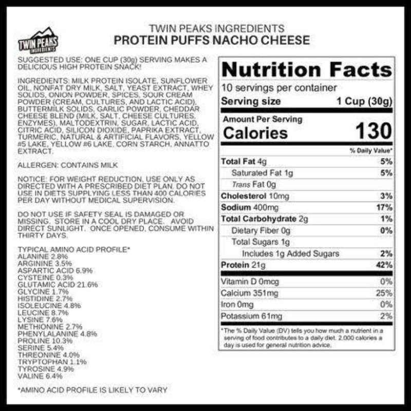 Twin Peaks Ingredients Protein Puffs - Nacho Cheese - High-quality Protein Puffs by Twin Peaks Ingredients at 